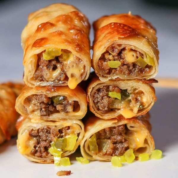Stack of Creole 2 Geaux cheeseburger eggrolls, filled with ground beef, melted cheese, and diced pickles.