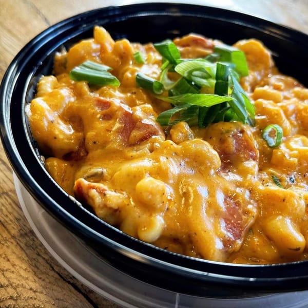 Creole 2 Geaux's creamy mac and cheese with sausage and green onions in a black bowl.